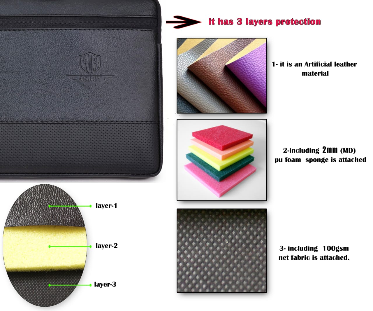 asroy® Artificial Leather Material Laptop Bag Sleeve Case Cover Pouch with Handle for(15.6'') inches Suitable for All Laptop, (15.6, Black)… (15.6, LR Black)