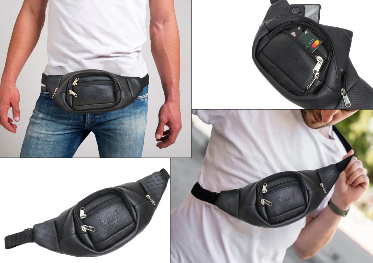 asroy Waist Bags for Men Women(Artificial Leather) Premium Stitching, Branded Zippers, Waterproof Pocket, RFID Safe- Large Fanny Pack for Hiking Travel, Money Belt (RE-LE-Black)
