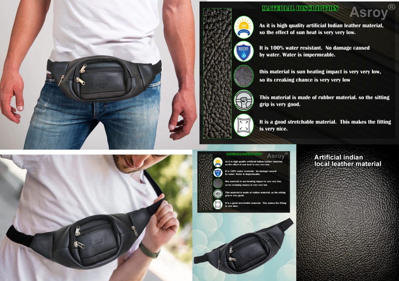asroy Waist Bags for Men Women(Artificial Leather) Premium Stitching, Branded Zippers, Waterproof Pocket, RFID Safe- Large Fanny Pack for Hiking Travel, Money Belt (RE-LE-Black)