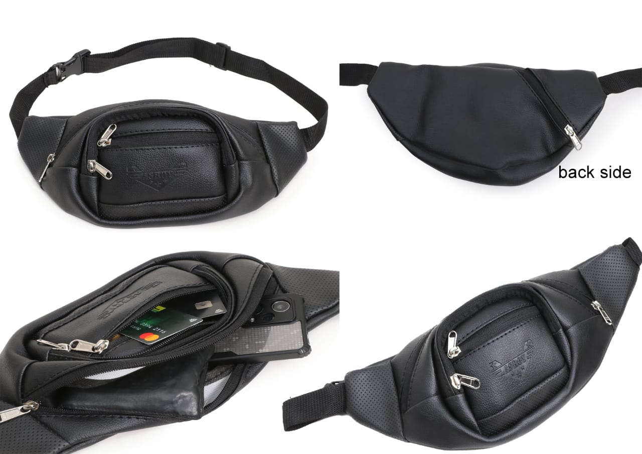 asroy Waist Bags for Men Women(Artificial Leather) Premium Stitching, Branded Zippers, Waterproof Pocket, RFID Safe- Large Fanny Pack for Hiking Travel, Money Belt (RE-LE-Black)
