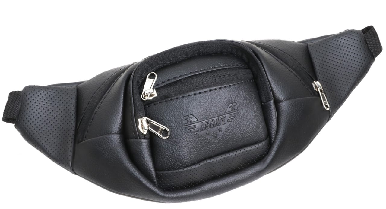 asroy Waist Bags for Men Women(Artificial Leather) Premium Stitching, Branded Zippers, Waterproof Pocket, RFID Safe- Large Fanny Pack for Hiking Travel, Money Belt (RE-LE-Black)