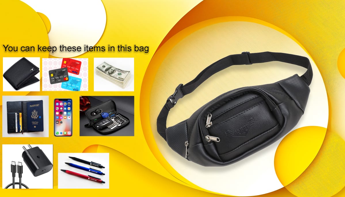 asroy Waist Bags for Men Women(Artificial Leather) Premium Stitching, Branded Zippers, Waterproof Pocket, RFID Safe- Large Fanny Pack for Hiking Travel, Money Belt (RE-LE-Black)